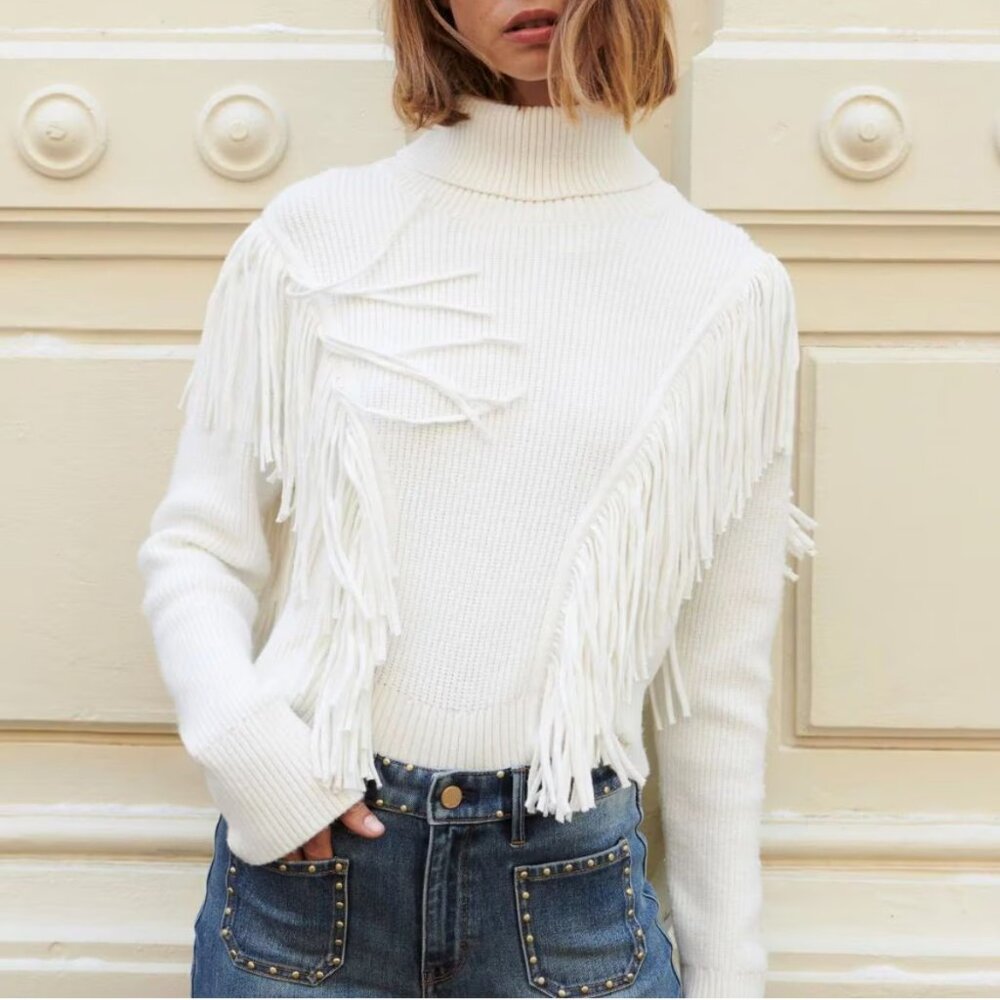 (color black) nwt WHITE HOUSE BLACK MARKET FRINGE SWEATER small